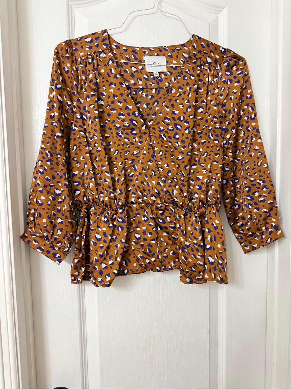 J.O.A. brown multi-leopard  satin top surplice V-neck elastic waist peplum S